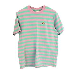 Teddy Fresh Size Small Striped Tee Pink Green Bear Logo 100% Cotton 25" Length